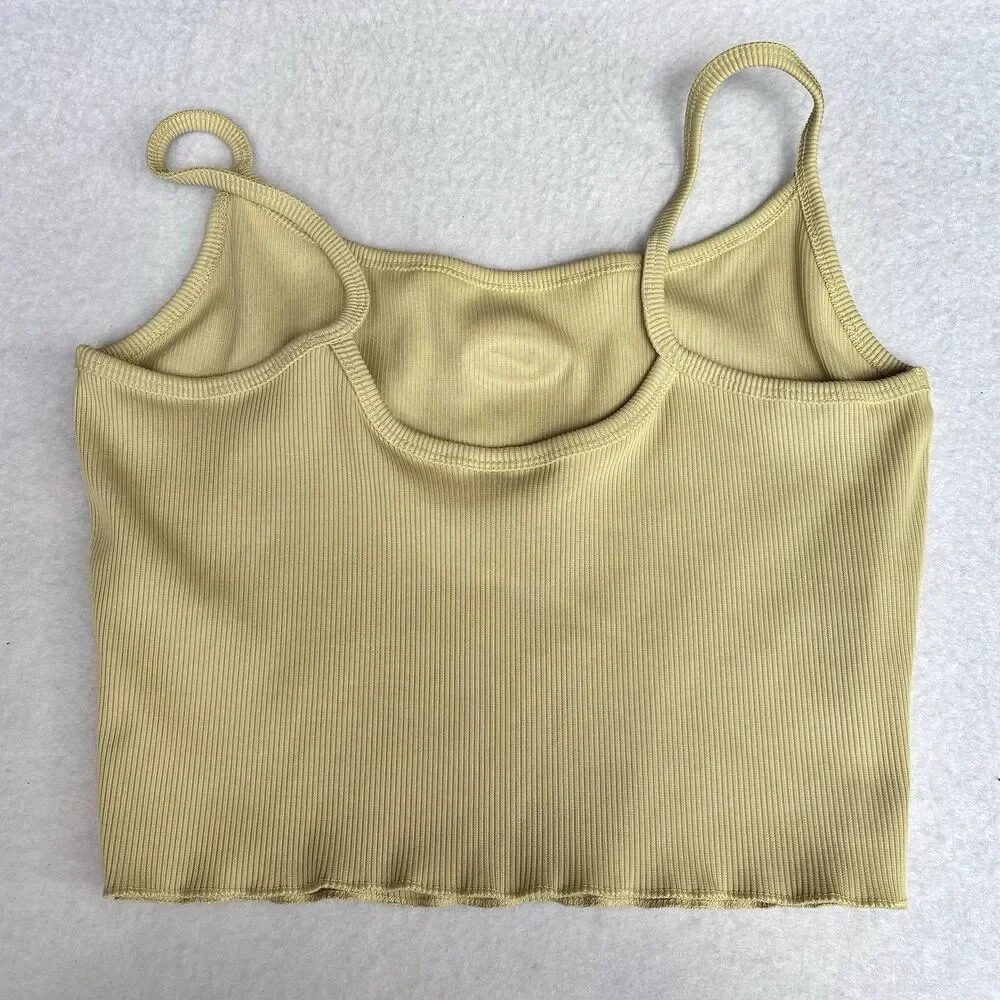 NIKE Ribbed Tank Cami Top Size S Yellow Cropped Lettuce Hem Center Swoosh